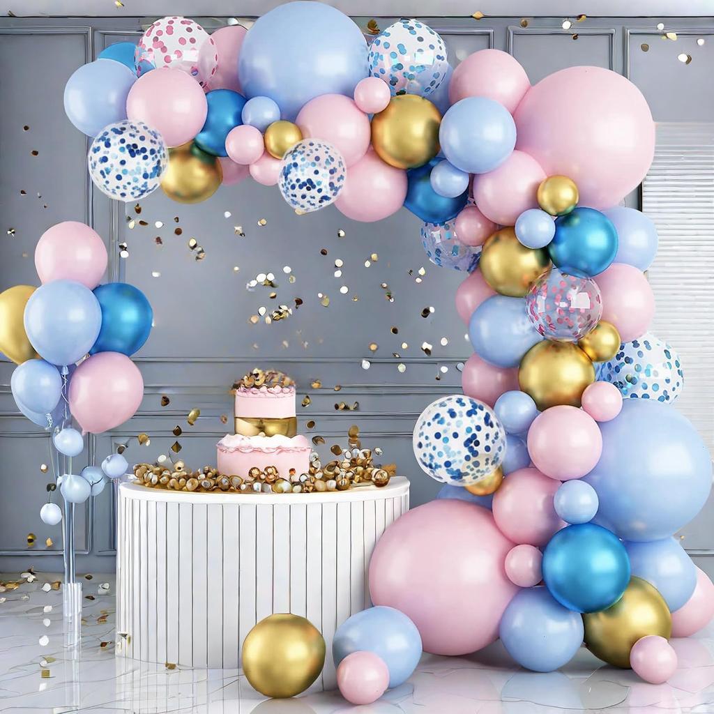 92PCS pink, blue, and gold latex balloon set suitable for birthday parties, weddings, Valentine's Day parties, and decoration