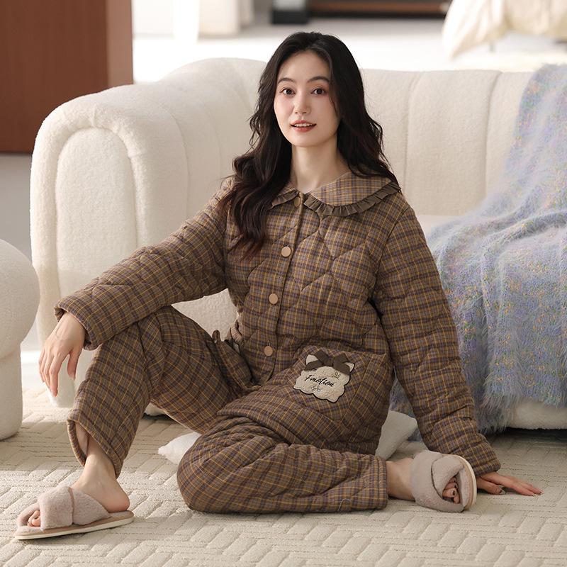 Pajamas Women'S Winter Three-Layer Thickened Velvet Woven Pure Cotton Padded Cotton Winter Padded Jacket Homewear Warm Suit