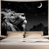 Black White Lion Starry Night Crescent Wall Tapestry King Jungle Animal Moon Mountain Nature Scenery Bedroom Living Room