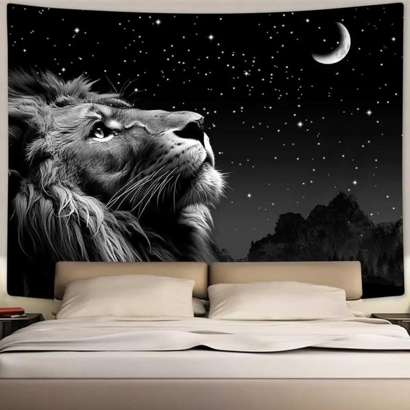Black White Lion Starry Night Crescent Wall Tapestry King Jungle Animal Moon Mountain Nature Scenery Bedroom Living Room