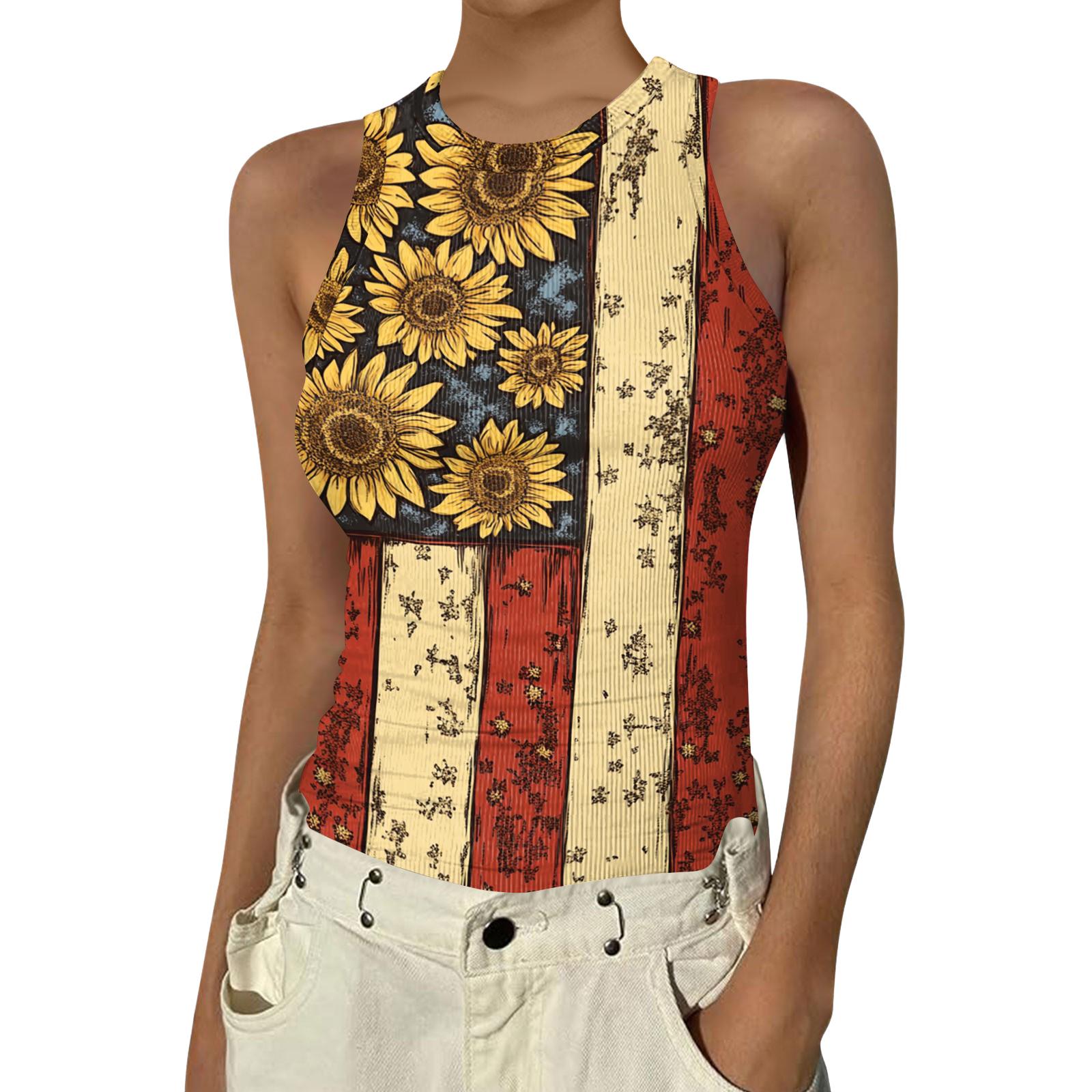 

Women s Fashion Round Neck Independence Day Print Sleeveless Vest Top XL жовтий