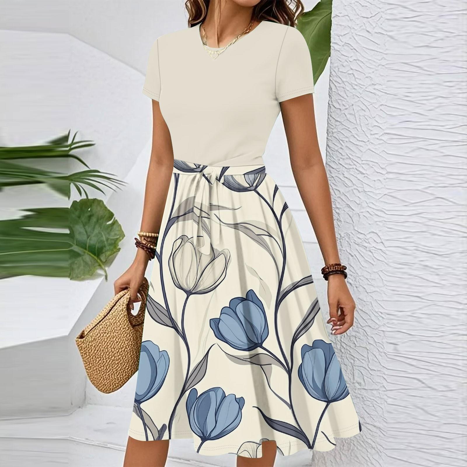 

Женское повседневное модное платье с поясом, цветочным принтом, коротким рукавом и круглым вырезом, элегантное струящееся платье L бежевый