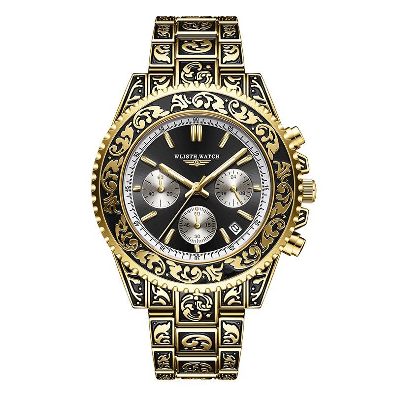 Top Brand Multifunctional Men's Watch Retro Luminous Carved Quartz Calendar Watch