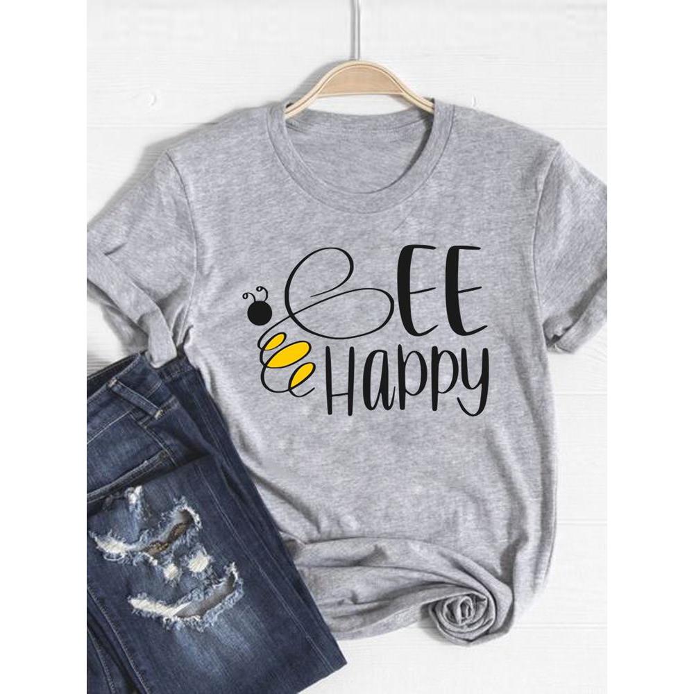 Print T Shirt Short Sleeve Flower Vintage Cute 90s Summer Top Fashion Clothes Women Clothing Gray Basic Tee Graphic T-shirt