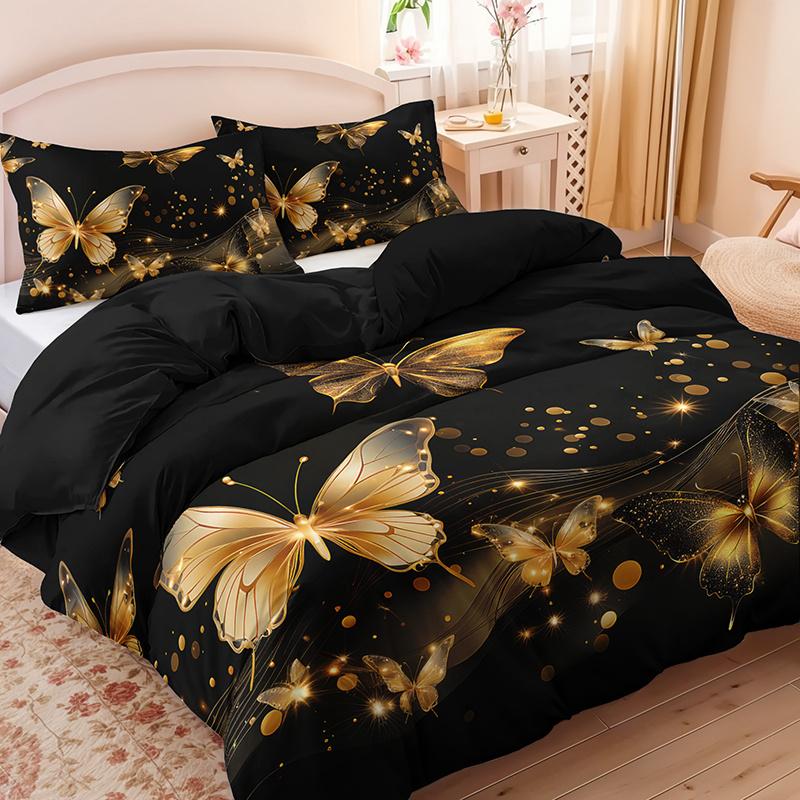 3Pcs Luxury Golden Butterfly Bedding Duvet Cover Set Elegant Butterfly Bedding Quilt Set Modern Butterfly Themed Bed Quilt Set