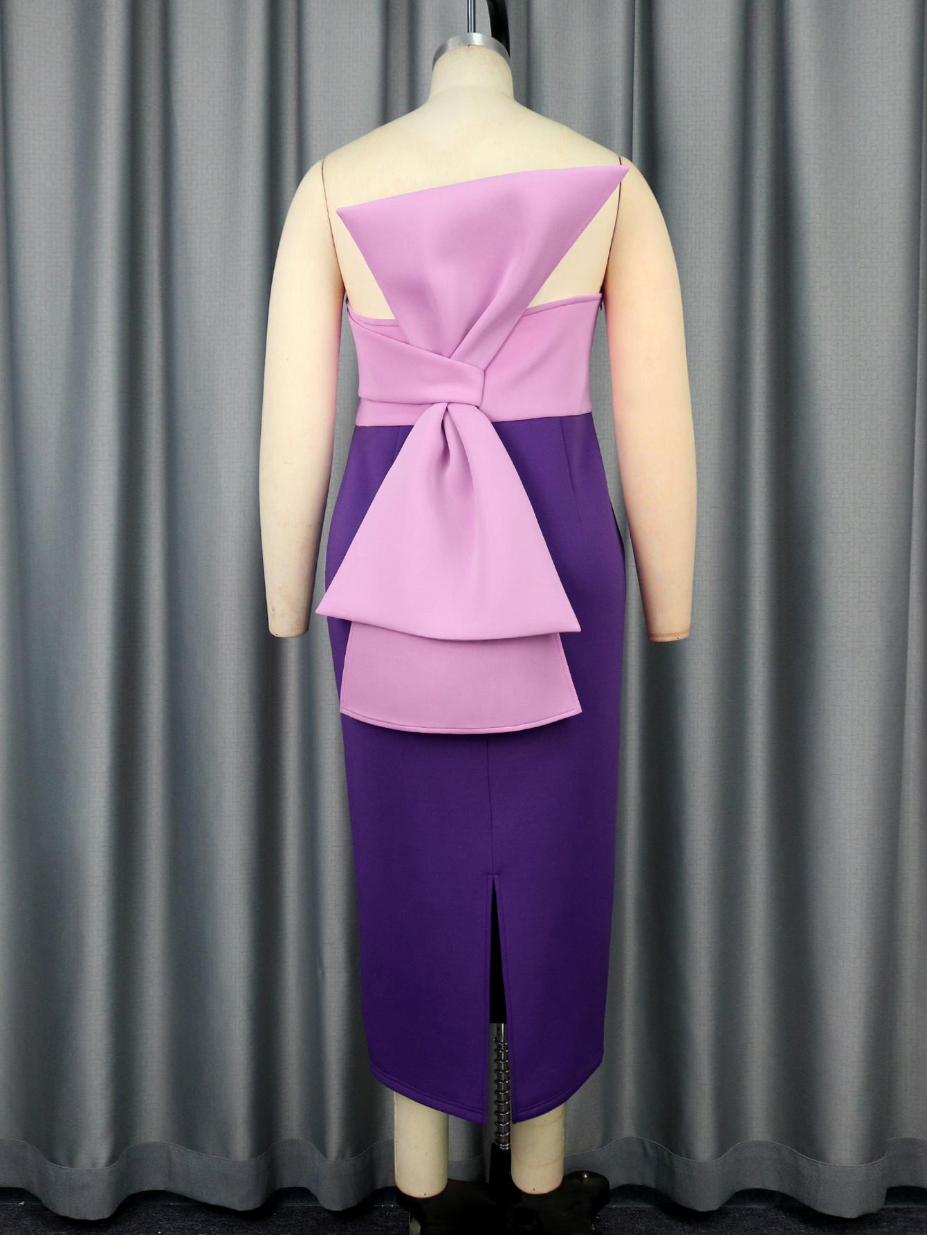 AOMEI топы-трубы платья миди фиолетового цвета с узором без бретелек и галстуком-бабочкой — фото 4