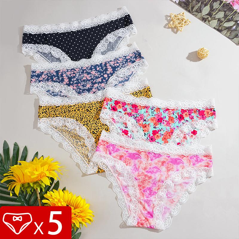 

5pcs/pack Fashion Style Print Sexy Lace Women s Panties Low Waist Patchwork Breathable Comfort Female Underpants Sexy Lingerie M&5pcs