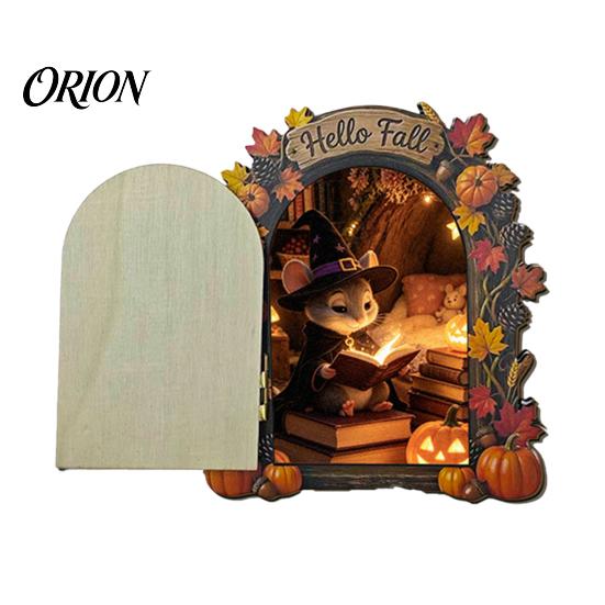 Autumn Theme Fairy Tale Ornaments Elf Wooden Door Halloween Decor, 2D Mouse Miniature Wall Waterproof Fall Home Decorations Hanging, Rustic
