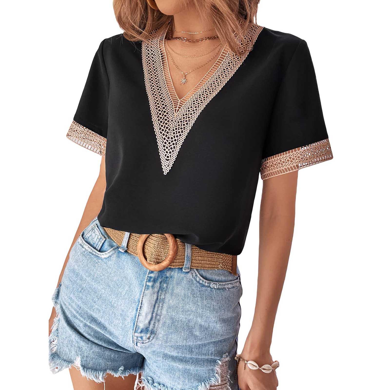 

Женская летняя блузка, модная кружевная вязанная крючком рубашка с коротким рукавом и v-образным вырезом, свободная рубашка с v-образным вырезом, рубашка с круглым принтом и цветными блоками, топ XL чёрный