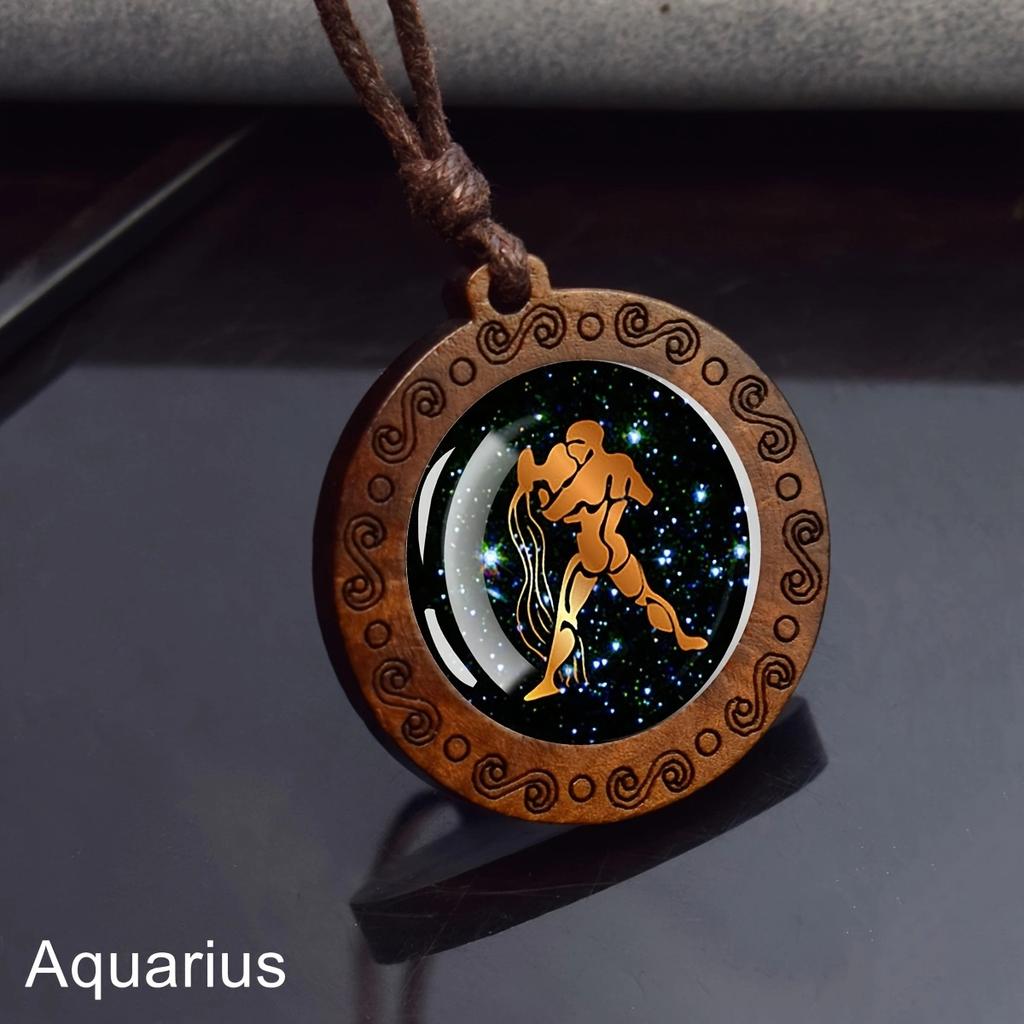 Halskette mit 12 Sternzeichen, Seilkette, Widder, Stier, Zwillinge, Krebs, Löwe, Jungfrau, Waage, Skorpion, Sternbild-Halskette, Holzanhänger