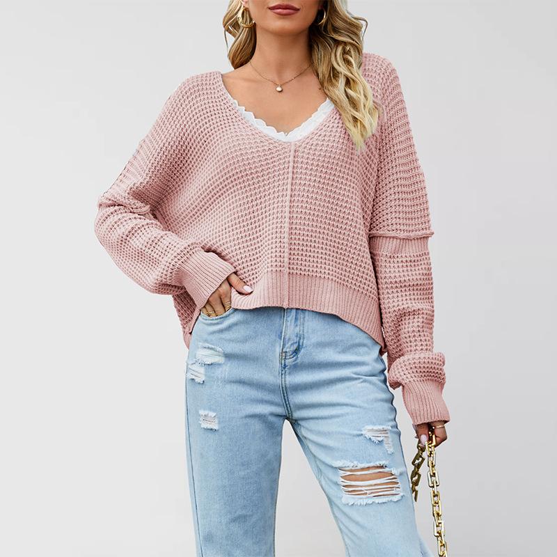 Women S V Neck Off Shoulder Knit Sweater Solid Color Casual