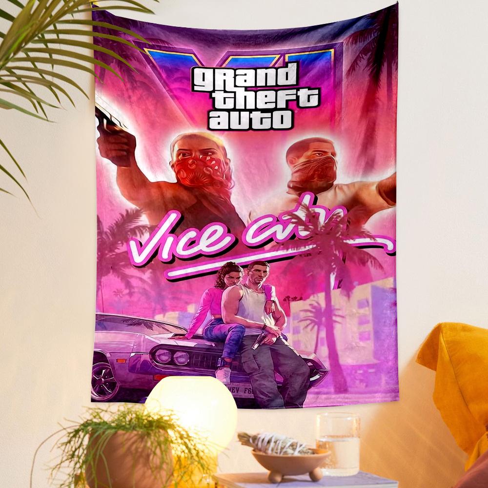 GTA VI Vice City Neon Pink Couple Guns Gamers Bohemian Tapestry for Fans Home Decor