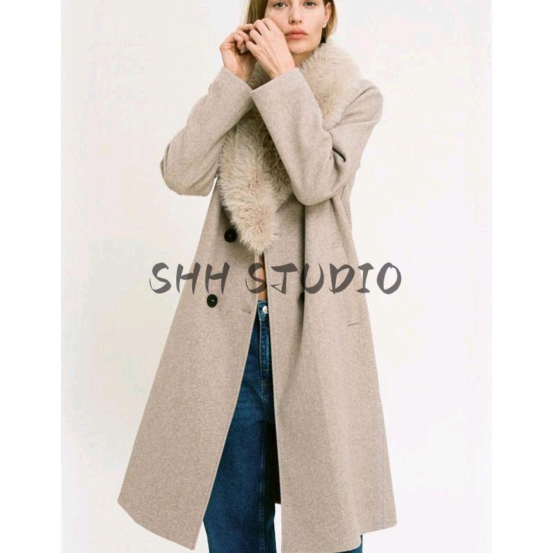 Spring New Arrival Women's Faux Fur Effect with Belt Fashion Polo Collar Coat Outwear 3046353