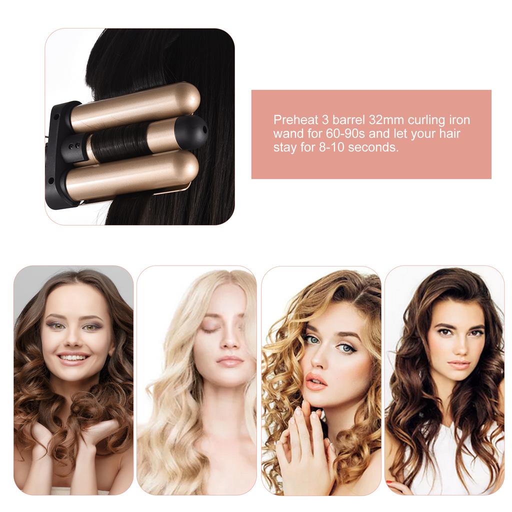 Pretfy Hair Curling Iron 3-Barrel 32mm Hair Waver Hair Curler Temperature LCD Temp Display Hair Styling Tool