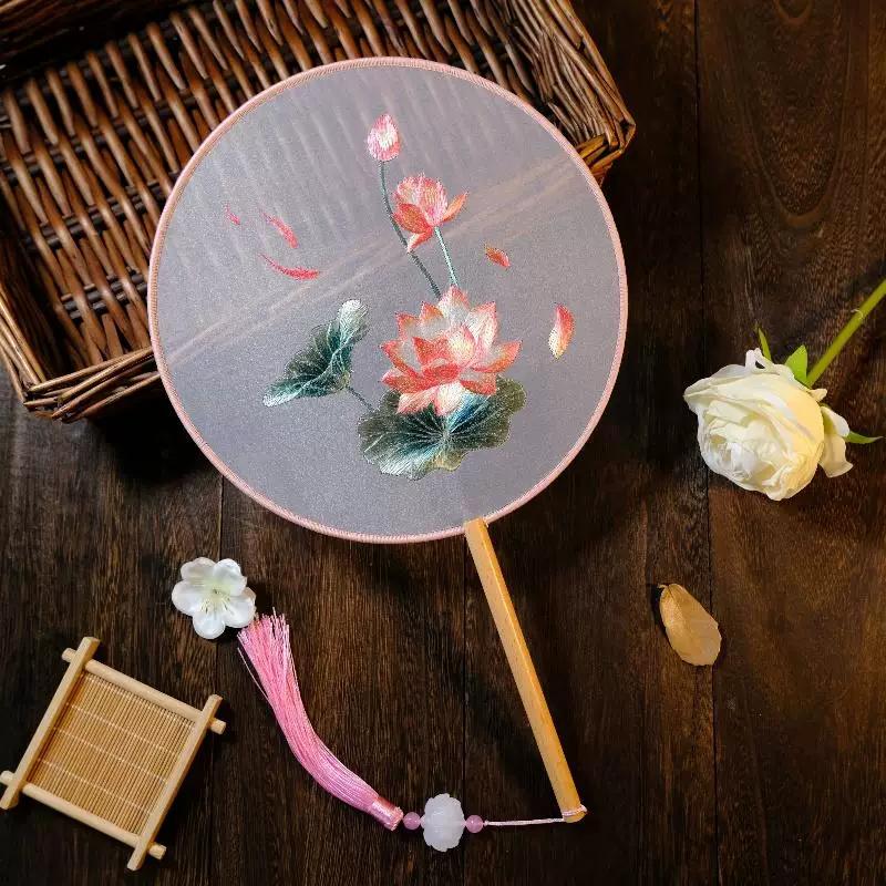 Ancient Style Round Fan, Chinese Style Suzhou Embroidery, Double-Sided Embroidery, Pink Fairy Fan, Embroidery Craft Fan, Dance Fan, Hanfu Round Fan