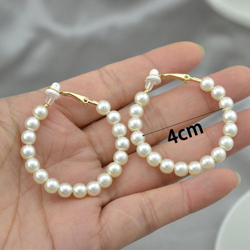 Fashion Exaggerated White Pearl Clip on Earrings Non Pierced for Women Elegant Large Trend Circle Hoop Earrings Party Jewelry