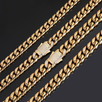 Hip Hop Men Cuban Necklace 10/12Mm Stainless Steel Miami Chain Pvd 18K Gold Plated Shiny Zircon Spring Clasp Choker