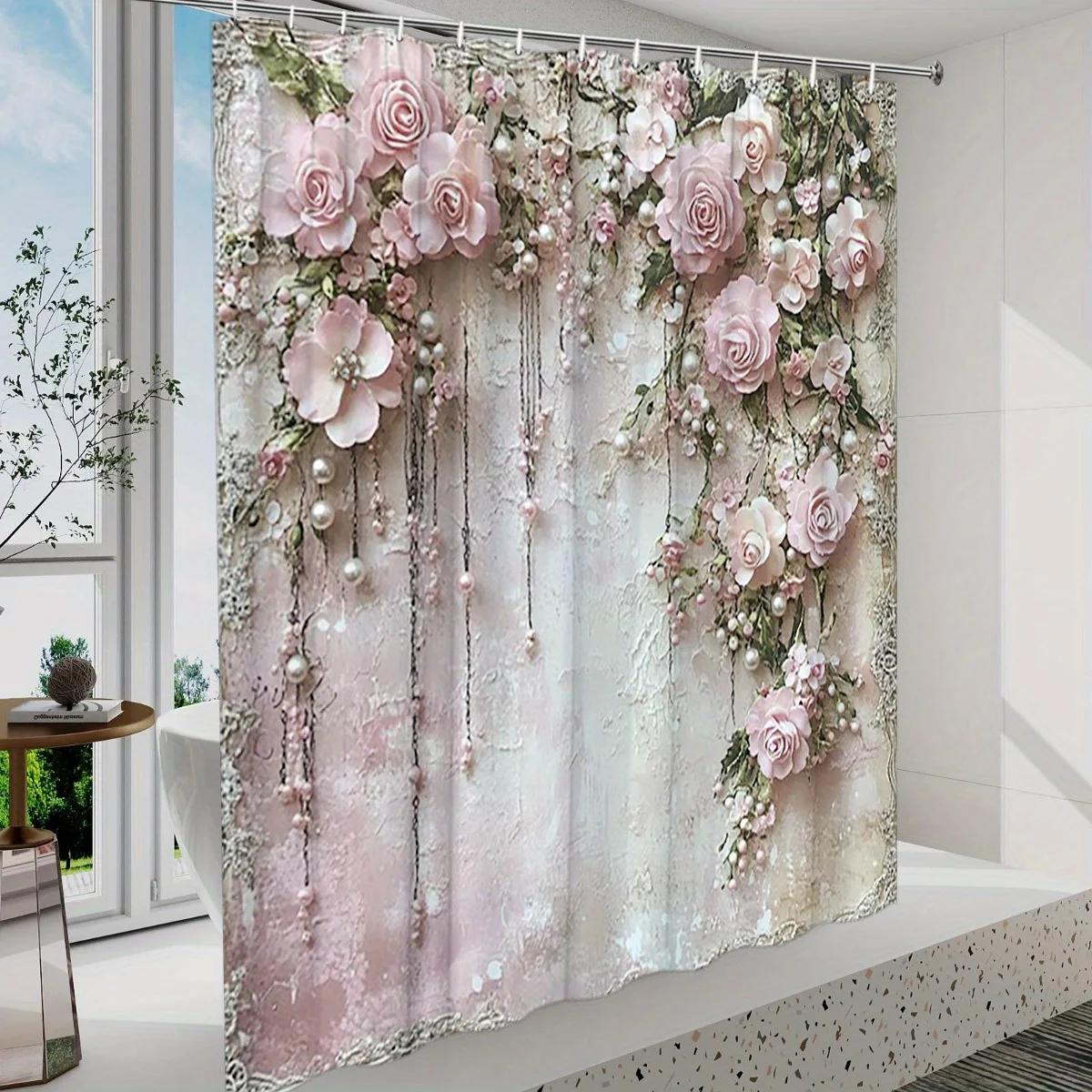 

1Pc Vintage Pink Rose Shower Curtain - Delicate Beads & Green Leaves, Textured Beige Polyester, Washable, Elegant Bath Decor W60H190(CM)-1 Pcs
