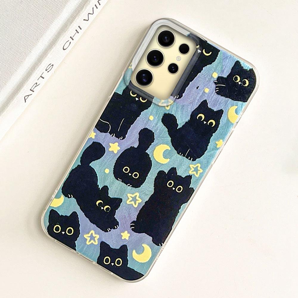 Cute Moon Black Cat Phone Case for Samsung Galaxy S25 S24 S23 S22 S21 FE Plus Ultra S25+ S24+ Back Silicone Shell Soft TPU Cover