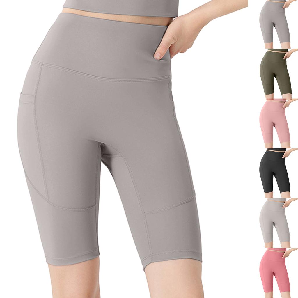 High Waist Running Shorts for Women Quick Dry Sports Biker Shorts with Hidden Pockets Compression Fit Five Inch Inseam Gym Yoga Tights