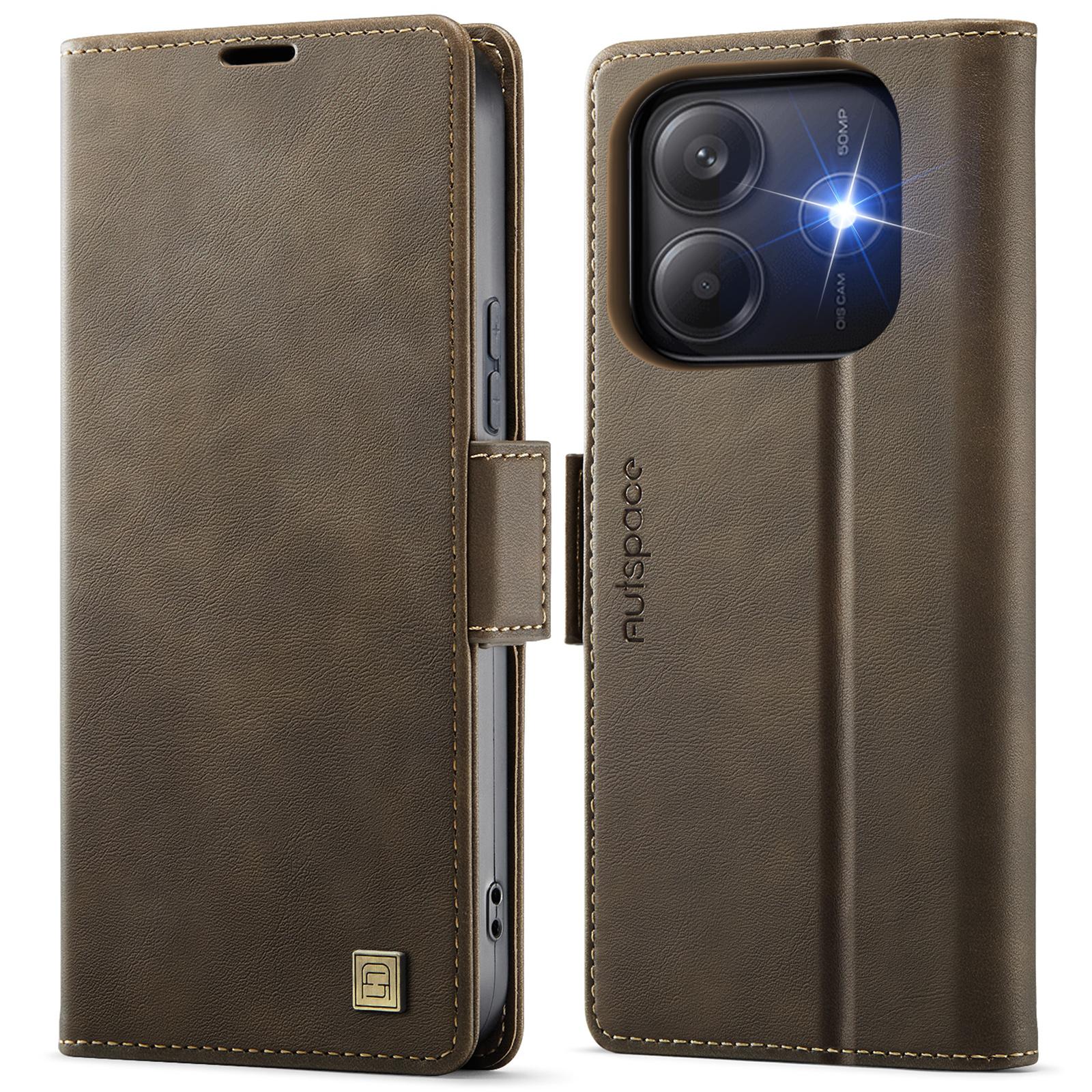 

For Xiaomi Redmi Note 14 5G Case AUTSPACE A11 RFID Blocking Retro Leather Cell Phone Wallet Cover Brown