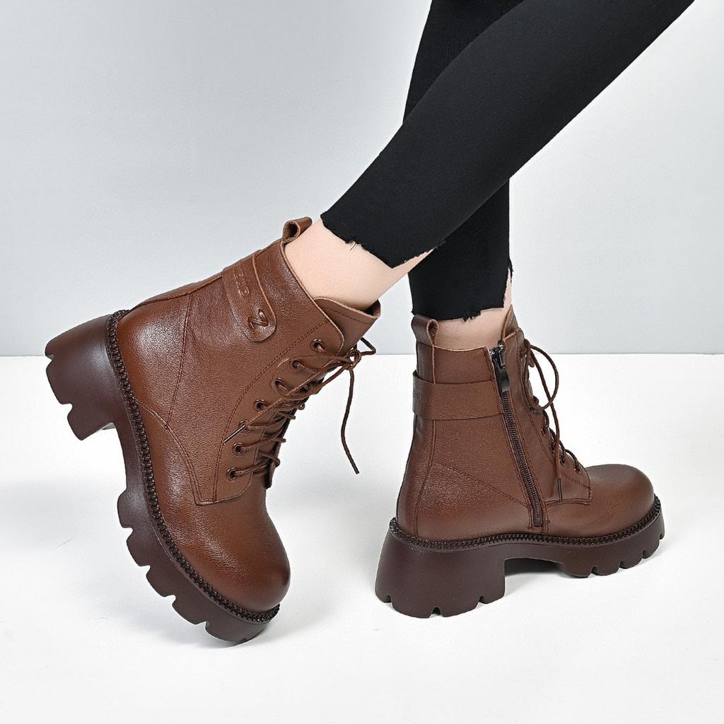 Women's boots thick-soled Martin boots autumn and winter new first-layer cowhide round head strap leather boots trendy locomotive boots short boots
