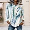 Women Plus Size Round Neck Long Sleeve Abstract Printed Light Blue Green Casual Top