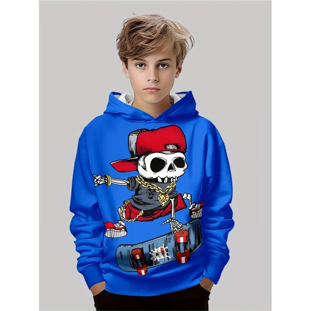 Boys' 3D printed hooded pullover - long sleeved casual sportswear, regular for autumn and winter outdoor activities