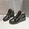 FEETIX Comfortable Leather Metal Chain Fashion Casual Party Dress Shoes Flats Lace-Up Zipper Sneakers Black Color