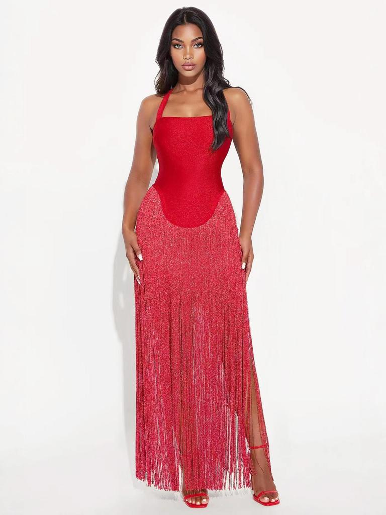 European & American Tassel Halterneck Bodycon Bandage Dress