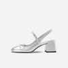 Sheepskin version French silver bow thick heel bag head shoes women's summer outer wear medium heel rhinestone Mary Jane high heel sandals