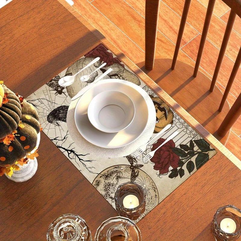 2Pcs Placemats Halloween Gothic Skull Table Mats Day of The Dead Roses Skull Decor Easter Decorations and Supplies for Home Kitchen