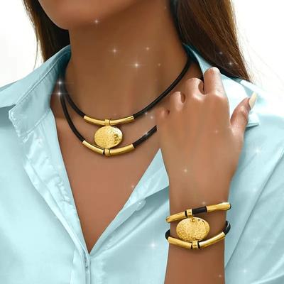Vintage Oval Metal Faux Leather Necklace Bracelet for Women Fashion Gold Silver Color 2Pcs/Set Double Layered Chain Jewelry Sets