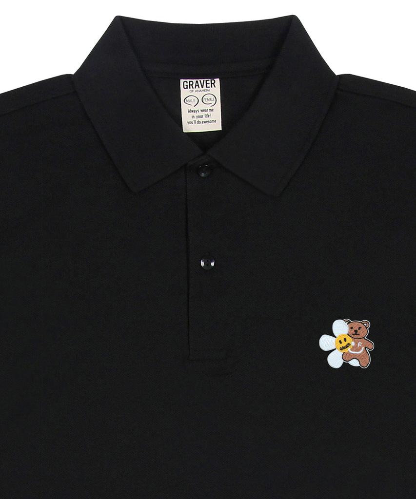 GRAVER [Unisex] Flower Bear Embroidered Pique Short Sleeve T-Shirt_Black
