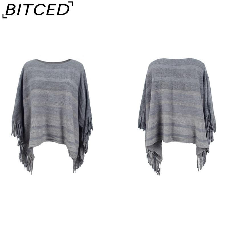 BITCED Off-Shoulder Fringe Shawl Women's Autumn Color-Block Striped Cape Coat