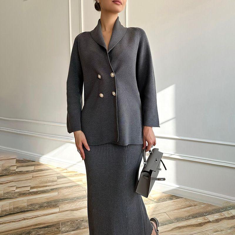 

2025 European and American Amazon Women clothes Cross-Border Foreign Trade New French style Temperament Solid Commuter Button Cardigan Dress Outfit Dark gray XL