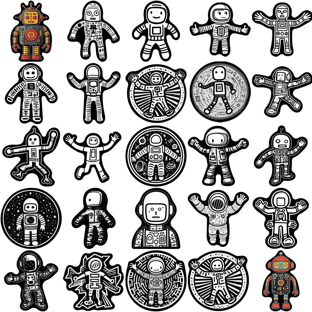 50-Piece Minimalist Black & White Astronaut Robot Stickers - Graffiti-Style Decor for Luggage, Water Bottles Laptops Phone Cases