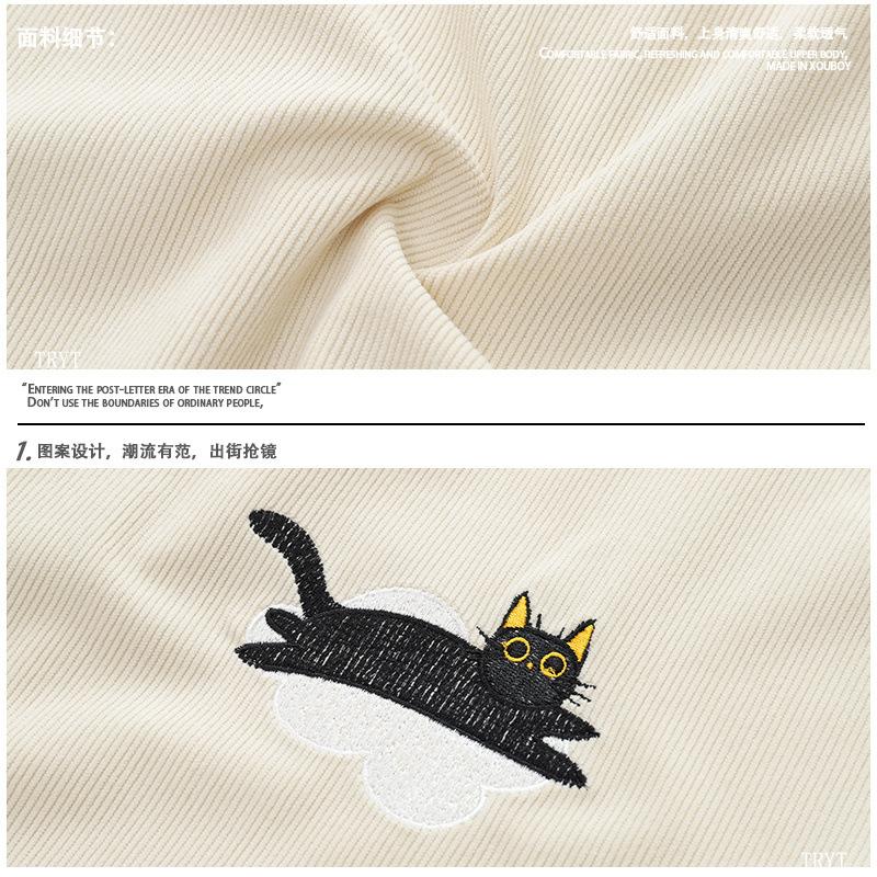 Clothing Life Cat Embroidery Corduroy Striped Short Sleeve Shirt Men's Couple American Vintage Vintage Top