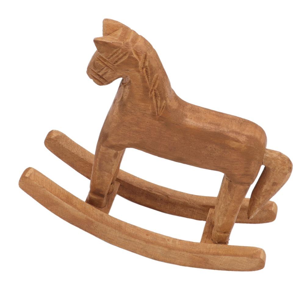 Pine Wooden Rocking Horse Ornament Light Brown Hand Carved Wood Figurine  Bedroom Table Decor