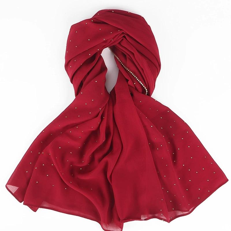 Hot Malaysian Indonesian Pearl Chiffon Stone Edge Turban Spring and Summer Long Women's Hijab Scarf 70x180cm