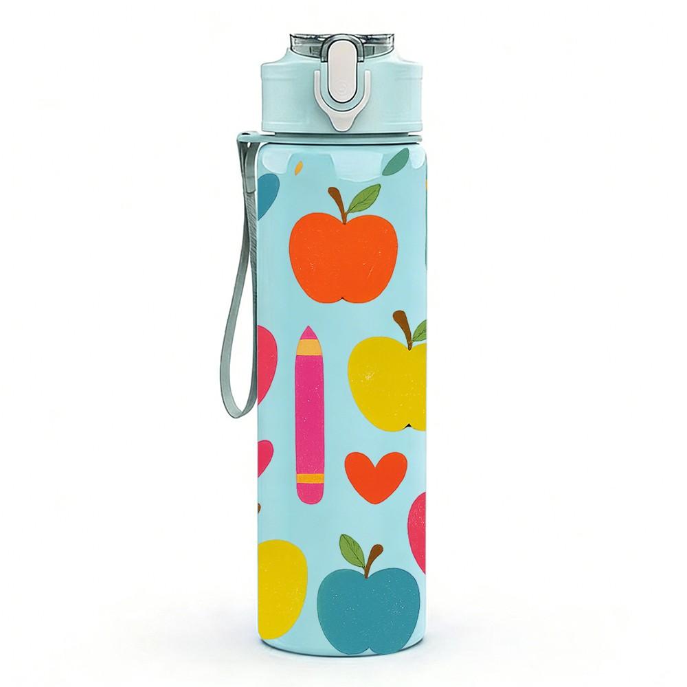 1PC Apple Heart Teacher Pattern 750ml Color Plastic Sports Water Bottle Leakproof Flip Straw Lid Suitable for Sports Office Home Use