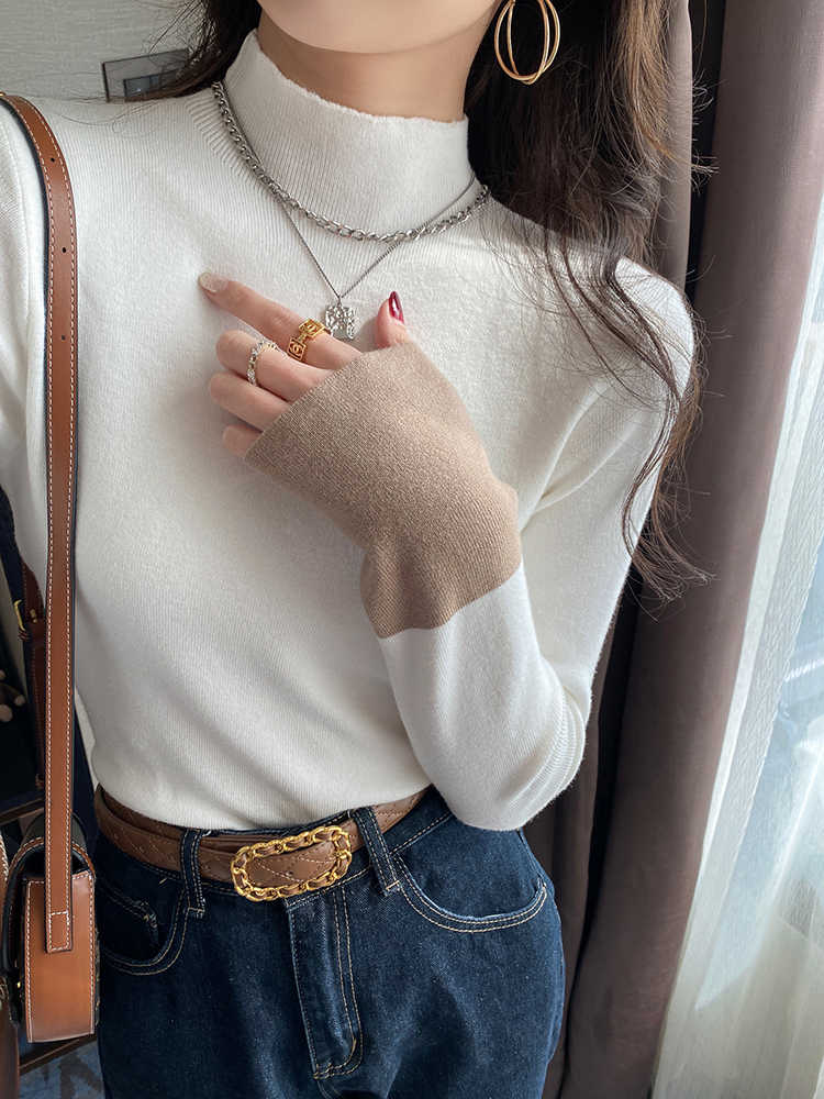Elegant Semi Turtleneck Knitted Women's Bottom Sweater Fashion Autumn Winter Long Sleeve Casual Splice Tops Fashion Slim Fit Office Basic Clothing