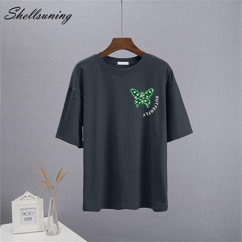 Shellsuning Sommer Baumwolle O Neck T Shirts Frauen Schöne Schmetterling Kurzarm 3D Brief Drucken Tees Lose Weiche Grundlegende Weibliche tops