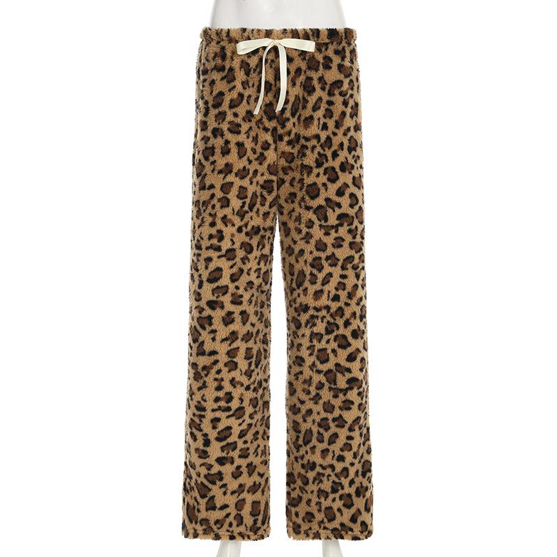 Women's Drawstring Tie Loose Personalised Leopard Print Plush Casual Elastic Low Waist Skinny Niche Straight Leg Pants