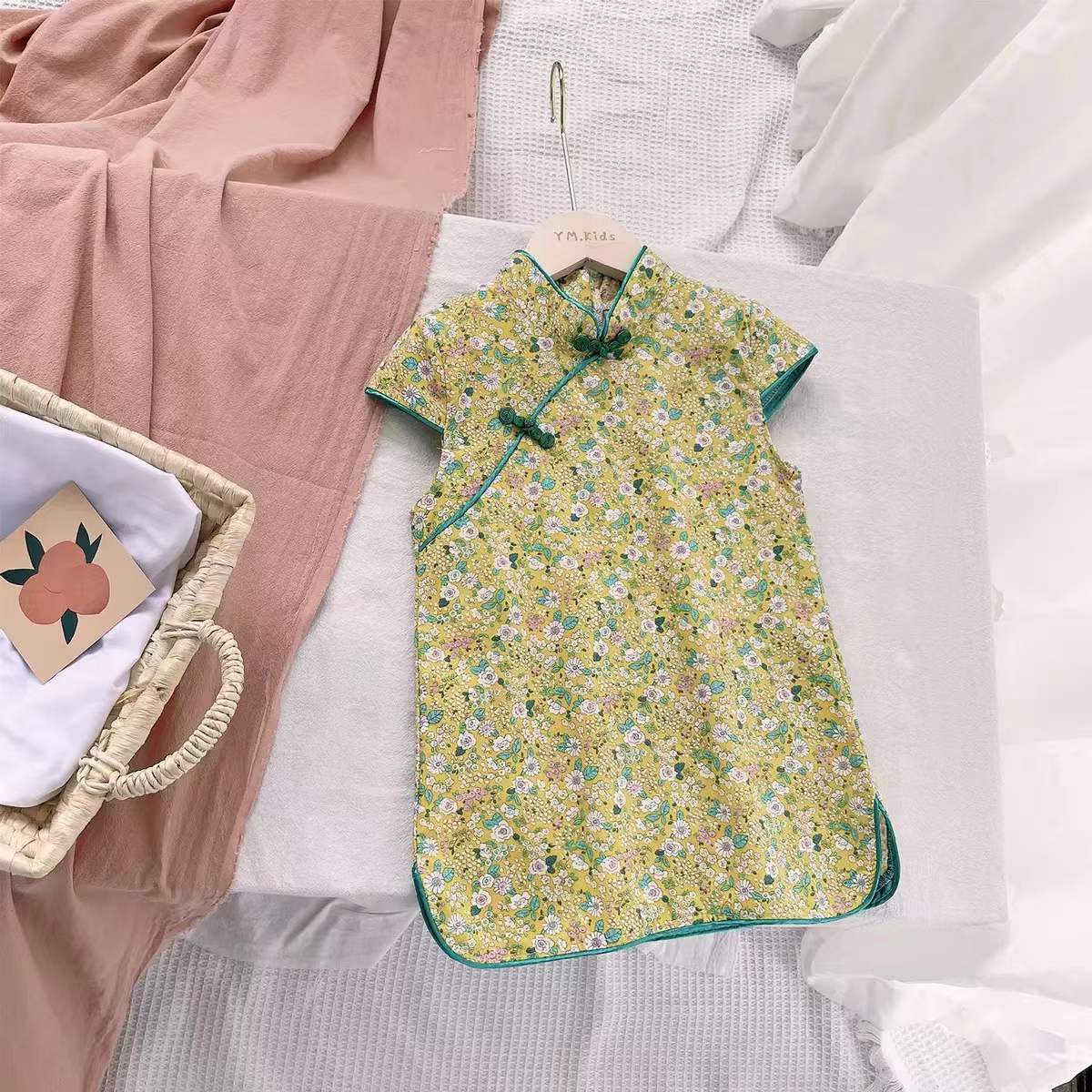 Girls Summer Vintage Floral Qipao Dress Kids Chinese Hanfu Inspired Cheongsam Toddler Princess Party Sundress 90cm жёлтый