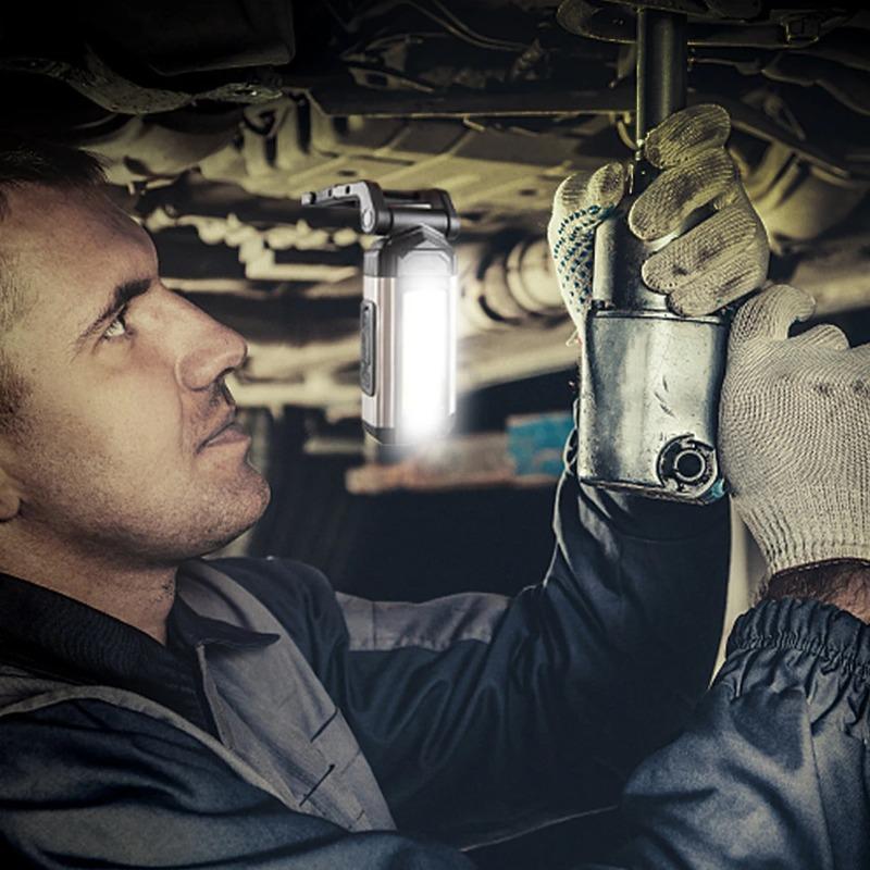 LED-Arbeitsleuchte mit USB-C-Ladefunktion, roter Magnet, wasserdicht, mit Haken, wiederaufladbar, faltbar, COB-Rotationsleuchte, hellste Leuchte