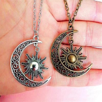 Vintage Silver Bronze Color Sun Moon Necklace Hollow Crescent Moon Pendant Necklace for Women Men Sun Moon Jewelry Gifts