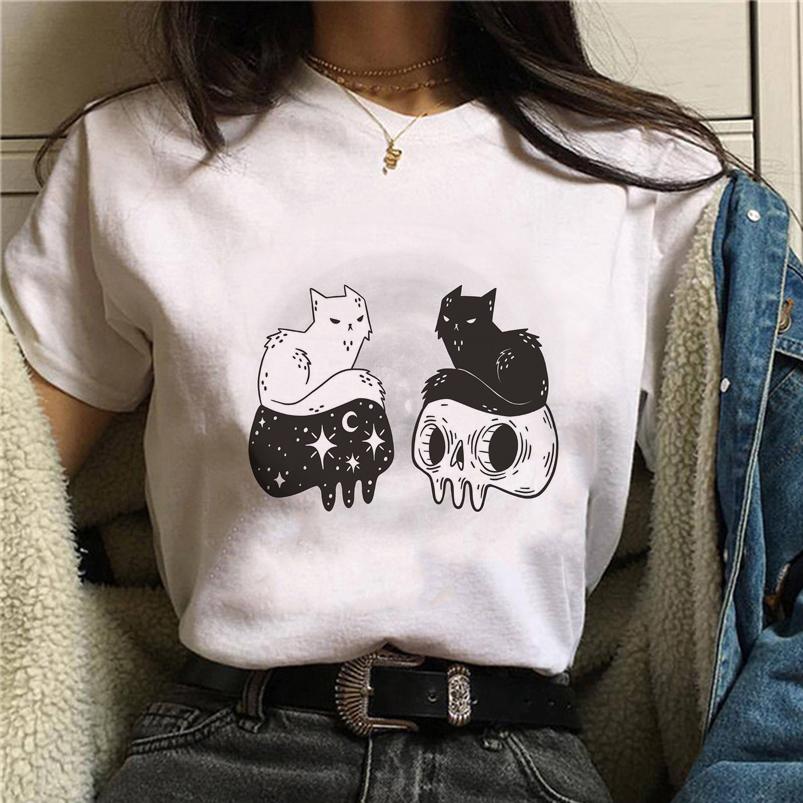 Summer Tshirt Female Tee Skull Cat Print Women Tshirt Punk Dark Grunge Streetwear Ladies Gothic Top Tshirts Harajuku Clothes Y2K