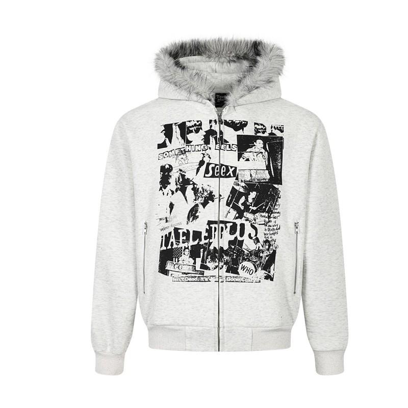Magic Bear American Retro Street Rock Fleece Hooded Zip Sweatshirt Casual Jacket Teens