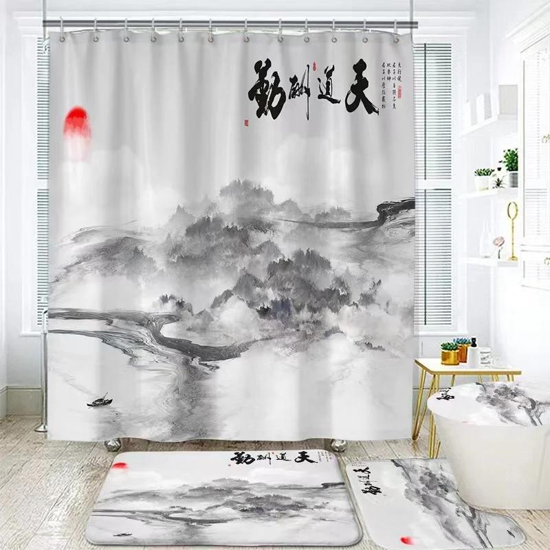 Landscape Ink Bamboo Painting Shower Curtains Chinese Style Bathroom Accessories Partition Waterproof Bath Curtains Rugs,Mat Set